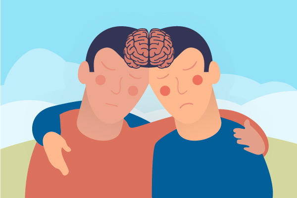 Due persone che si abbracciano. Con le teste appoggiate l’una all’altra e sopra il disegno di un cervello con l’emisfero sinistro sulla persona a sinistra e l’emisfero destro sulla persona a destra