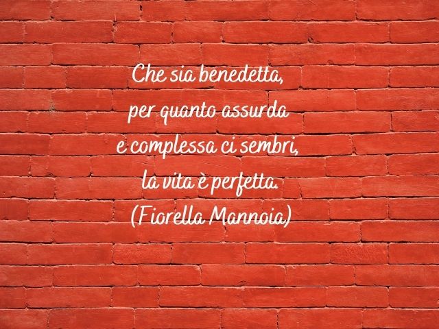 Sullo sfondo una parete di mattoni rossi, in primo piano il verso della canzone Che sia benedetta di Fiorella Mannoia: "Che sia benedetta, per quanto assurda e complessa ci sembri, la vita è perfetta".