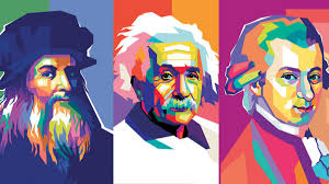 Immagine in stile Andy Warhol raffigurante Galileo Galilei, Albert Einstein e Isaac Newton